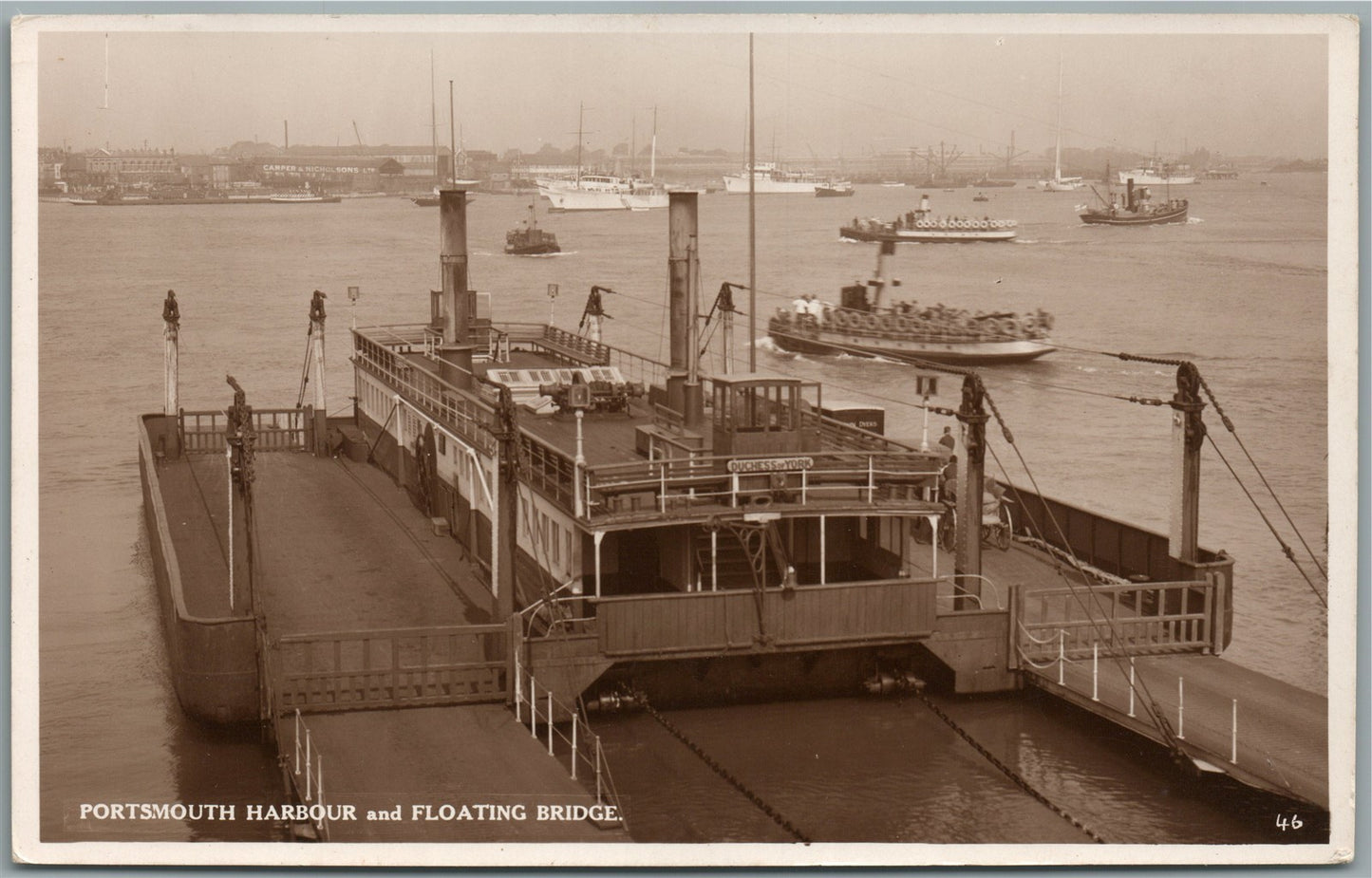 PORTSMOUTH HARBOUR & FLOATING BRIDGE ANTIQUE REAL PHOTO POSTCARD RPPC