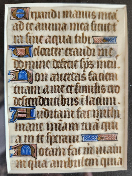 15th CENTURY VELLUM MANUSCRIPT LEAF from BOOK of HOURS antique FRAMED