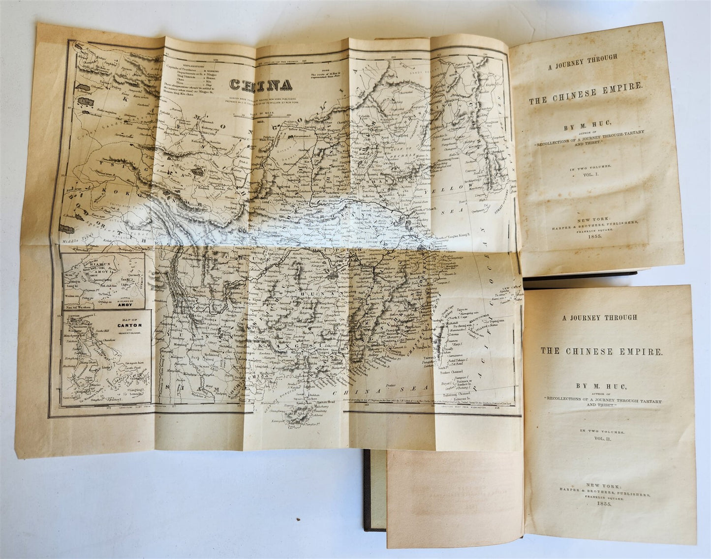 1855 A JOURNEY THROUGH CHINESE EMPIRE by M. HUC antique 2 VOLUMES w/ MAP