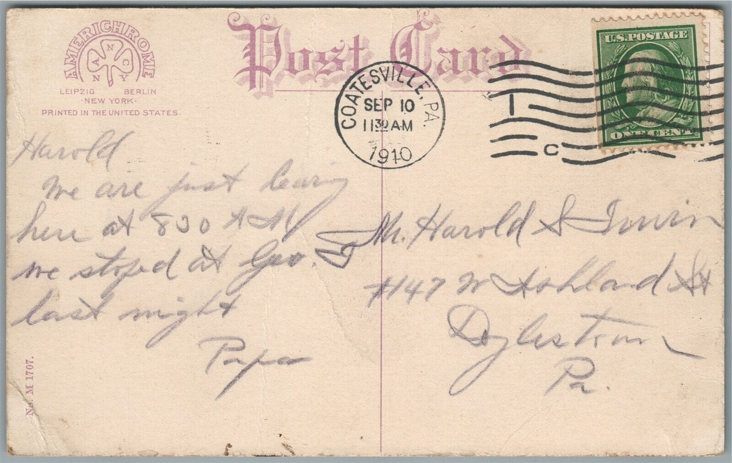 COATESVILLE PA HIGH SCHOOL ANTIQUE POSTCARD