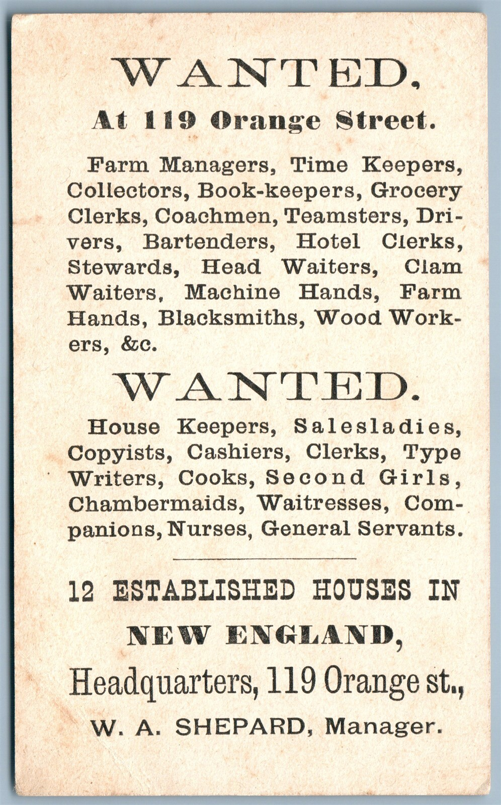 HELP WANTED NEW ENGLAND ANTIQUE ADVERTISING VICTORIAN TRADE CARD BLACK AMERICANA