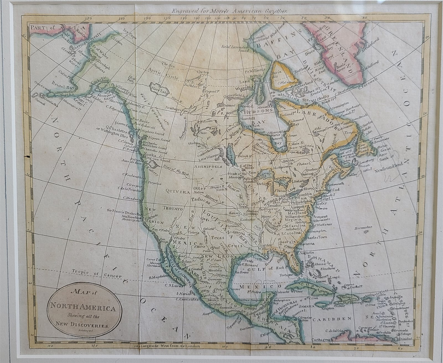 1797 MAP of NORTH AMERICA antique FRAMED from GAZETTER of JEDIDIAH MORSE