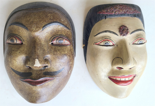 INDIAN VINTAGE PAIR OF WOODEN MASKS - MAN & WOMAN hand carved