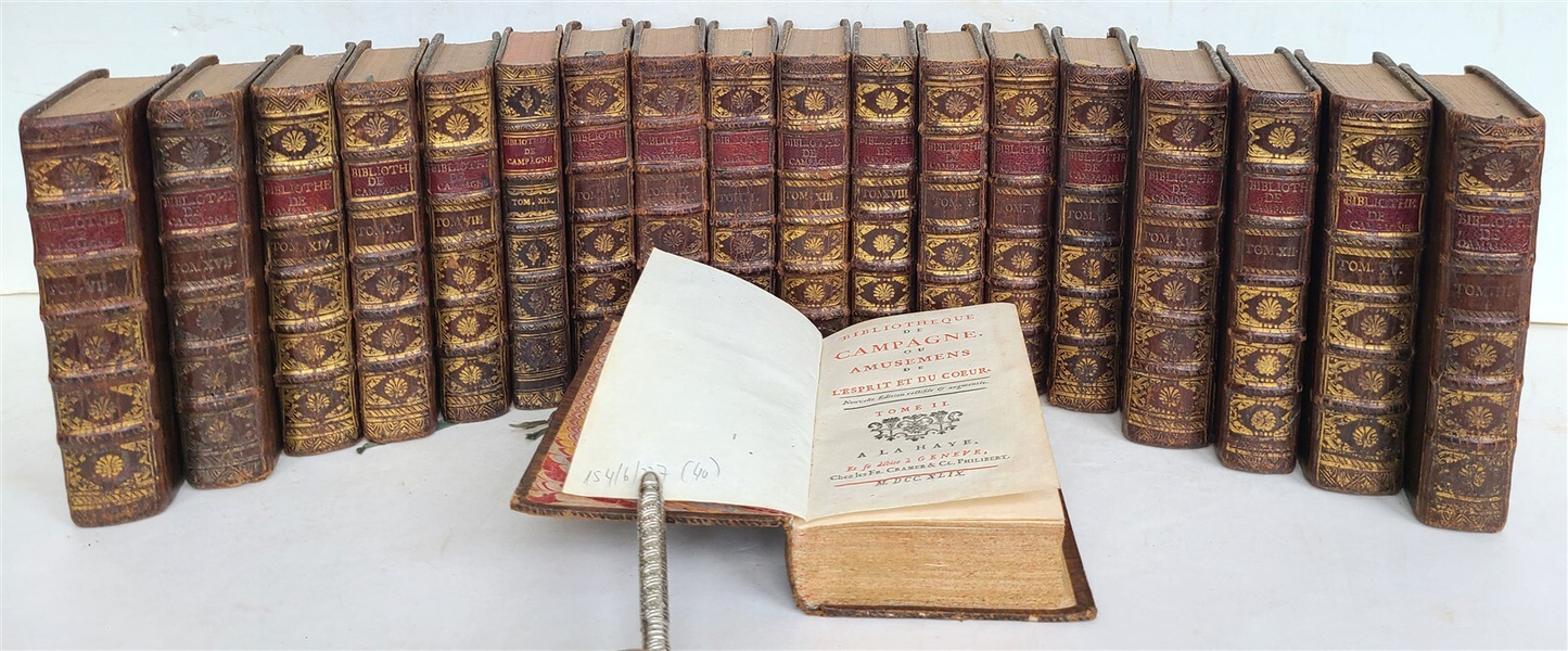 1749 BIBLIOTHEQUE DE CAMPAGNE 19 VOLUMES antique in FRENCH DECORATIVE BOUND