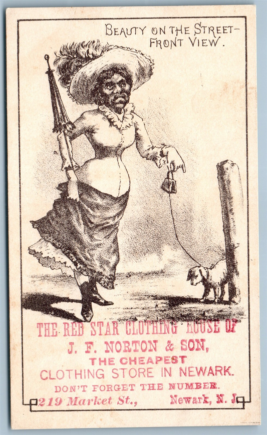 NEWARK NJ RED STAR CLOTHING HOUSE ANTIQUE ADVERTISING VICTORIAN TRADE CARD BLACK AMERICANA