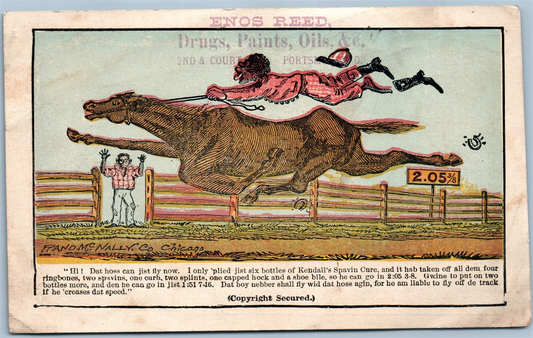 HORSE RACING ANTIQUE ADVERTISING VICTORIAN TRADE CARD DRUGS PAINTS OILS BLACK AMERICANA