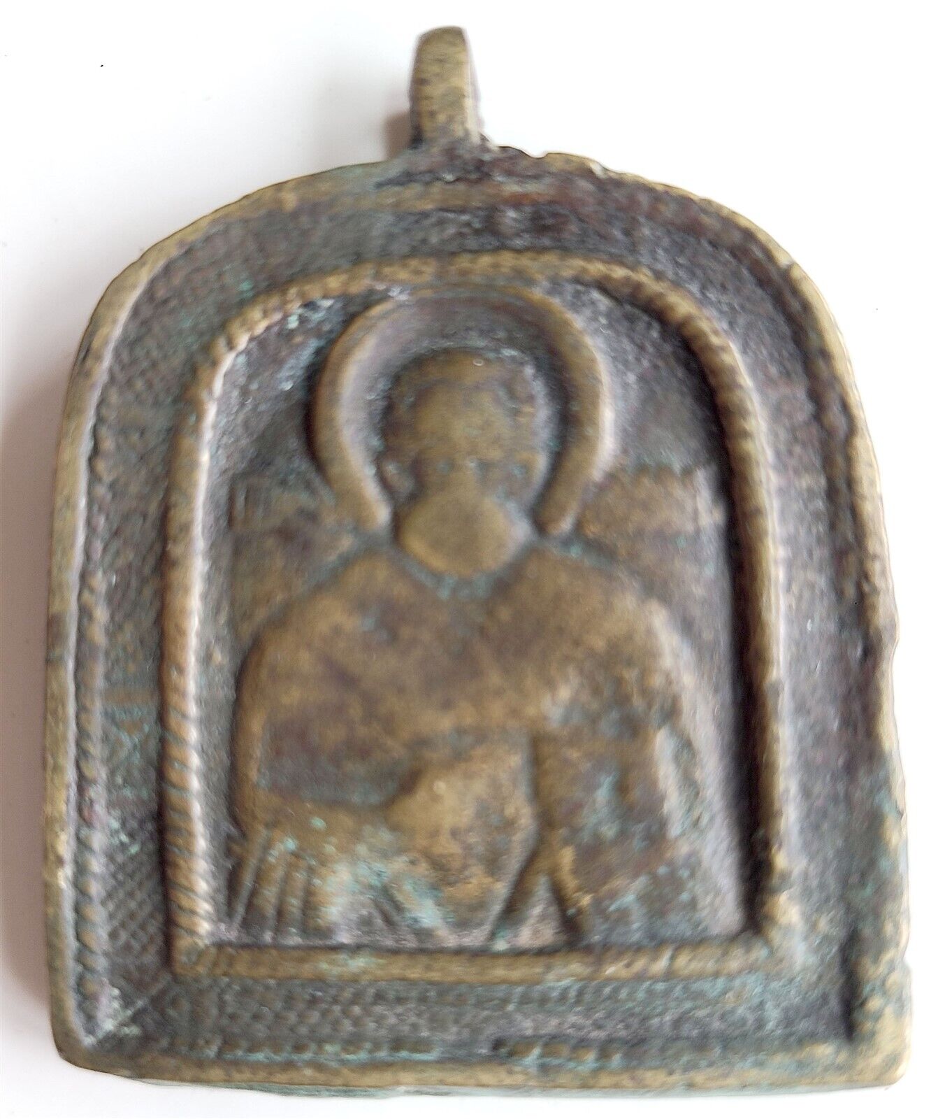 RUSSIAN 18th CENTURY ANTIQUE BRONZE ENAMEL ICON PENDANT of ST. NICHOLAS