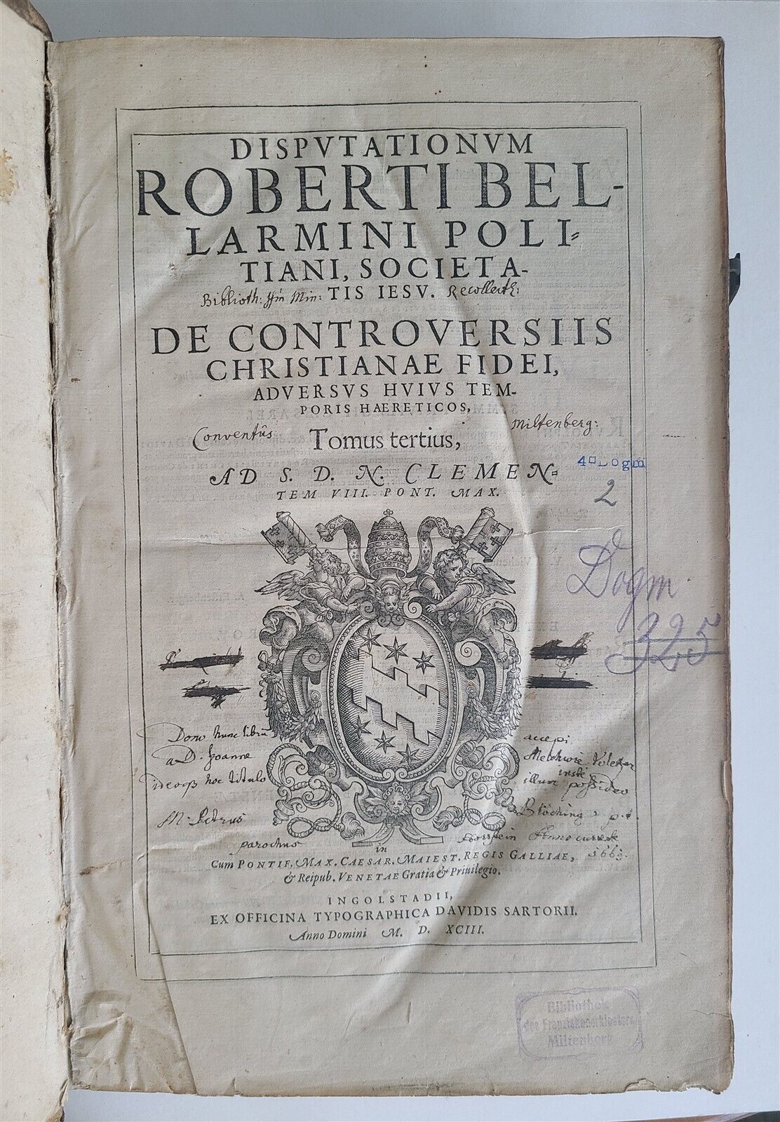 1593 Disputationum Roberti Bellarmini Politiani antique PIGSKIN FOLIO 16th CENT.