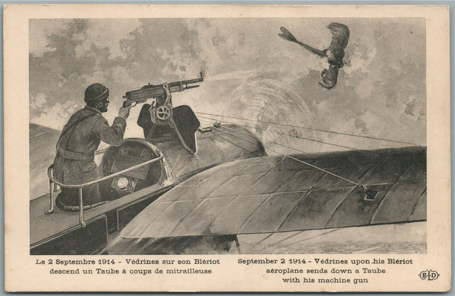 EARLY AVIATION FRENCH AEROPLANE & MACHINE GUN SCENE ANTIQUE POSTCARD