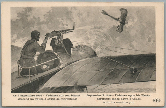 EARLY AVIATION FRENCH AEROPLANE & MACHINE GUN SCENE ANTIQUE POSTCARD