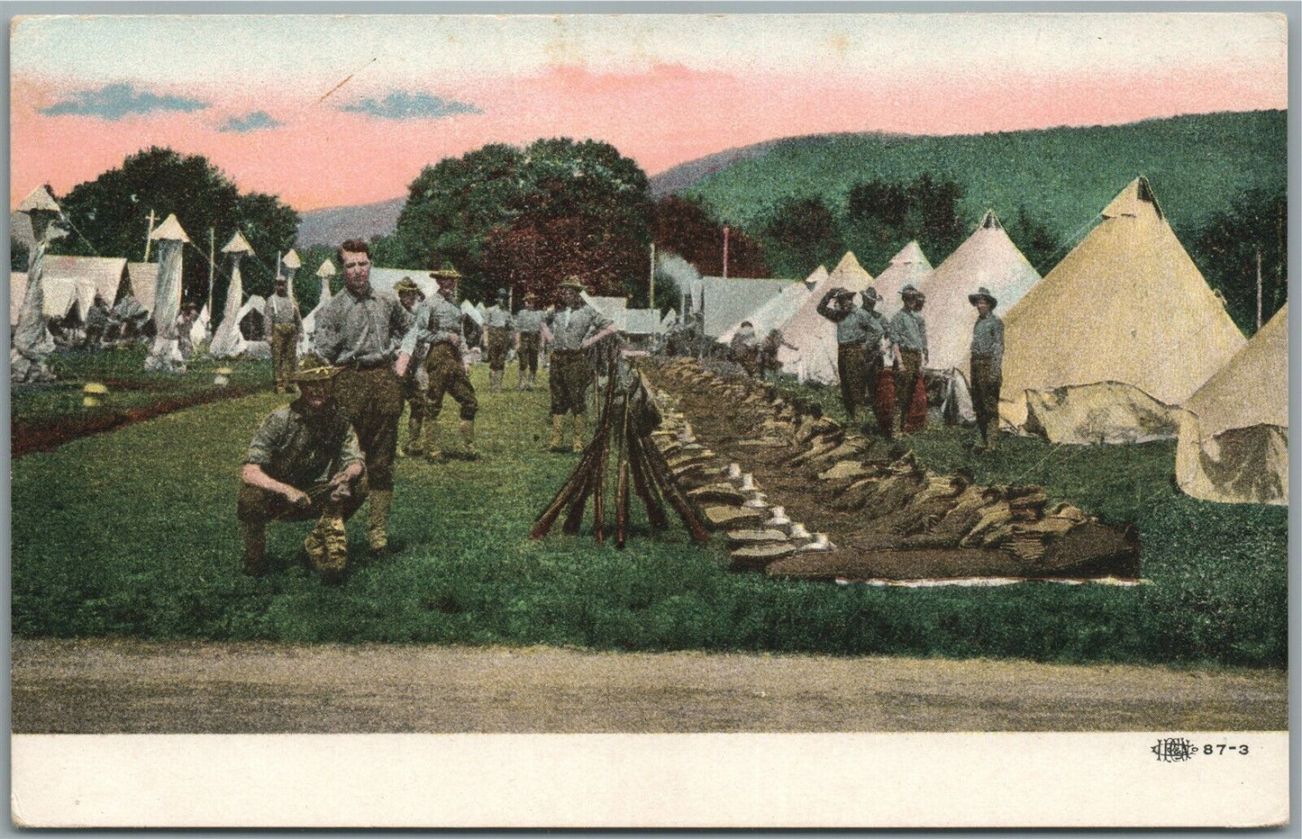 AMERICAN ARMY SOLDIERS AT CAMP ANTIQUE POSTCARD