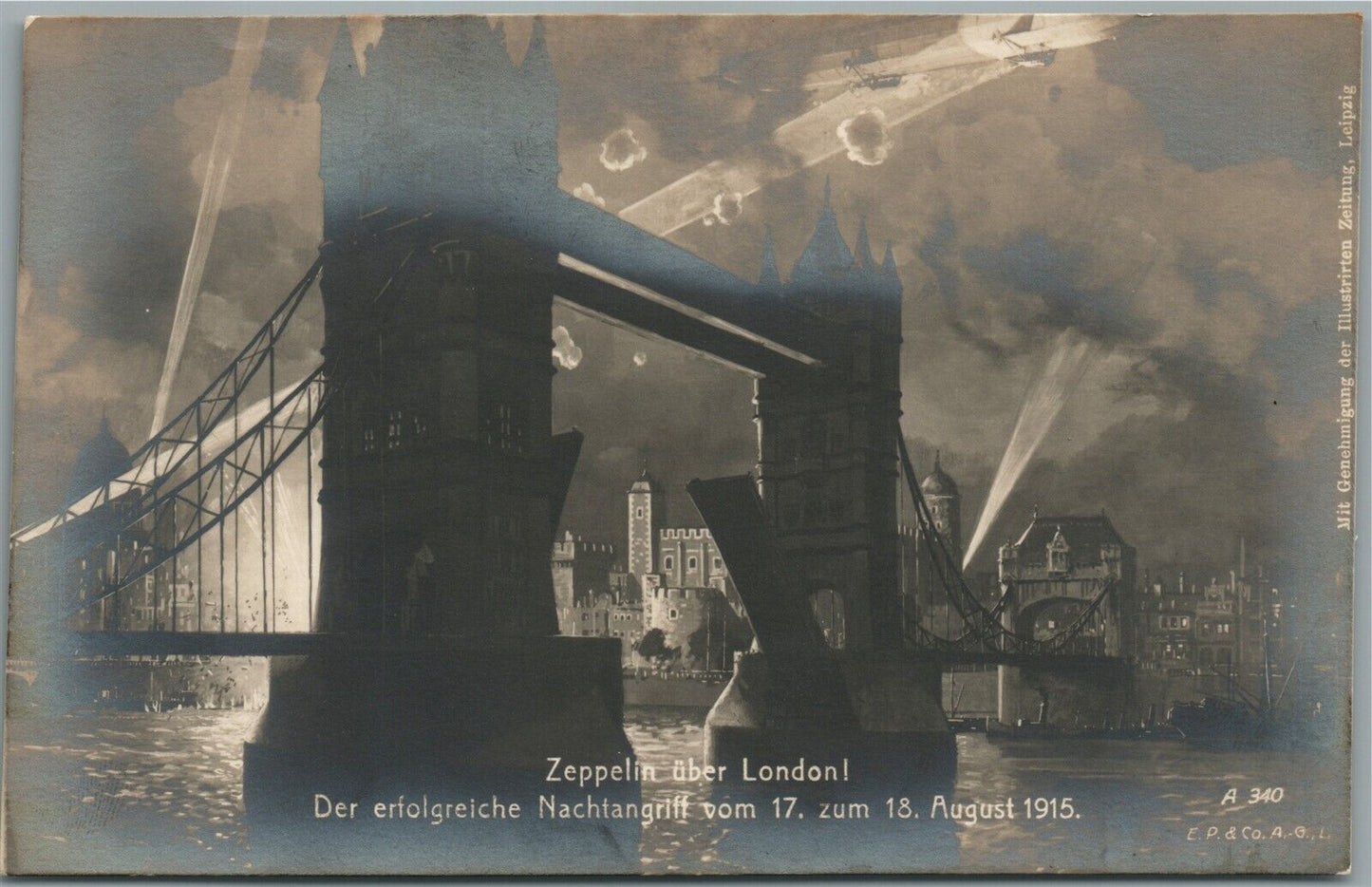 ZEPPELIN OVER LONDON WWI ERA 1915 ANTIQUE REAL PHOTO POSTCARD RPPC