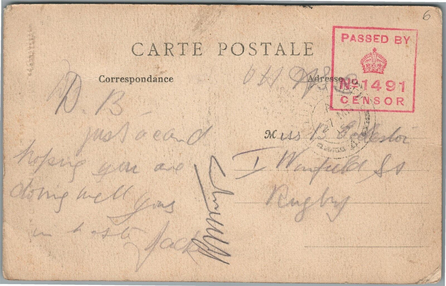 BRITISH WWI ERA OBSERVATION POST ANTIQUE POSTCARD passed by censor 1914