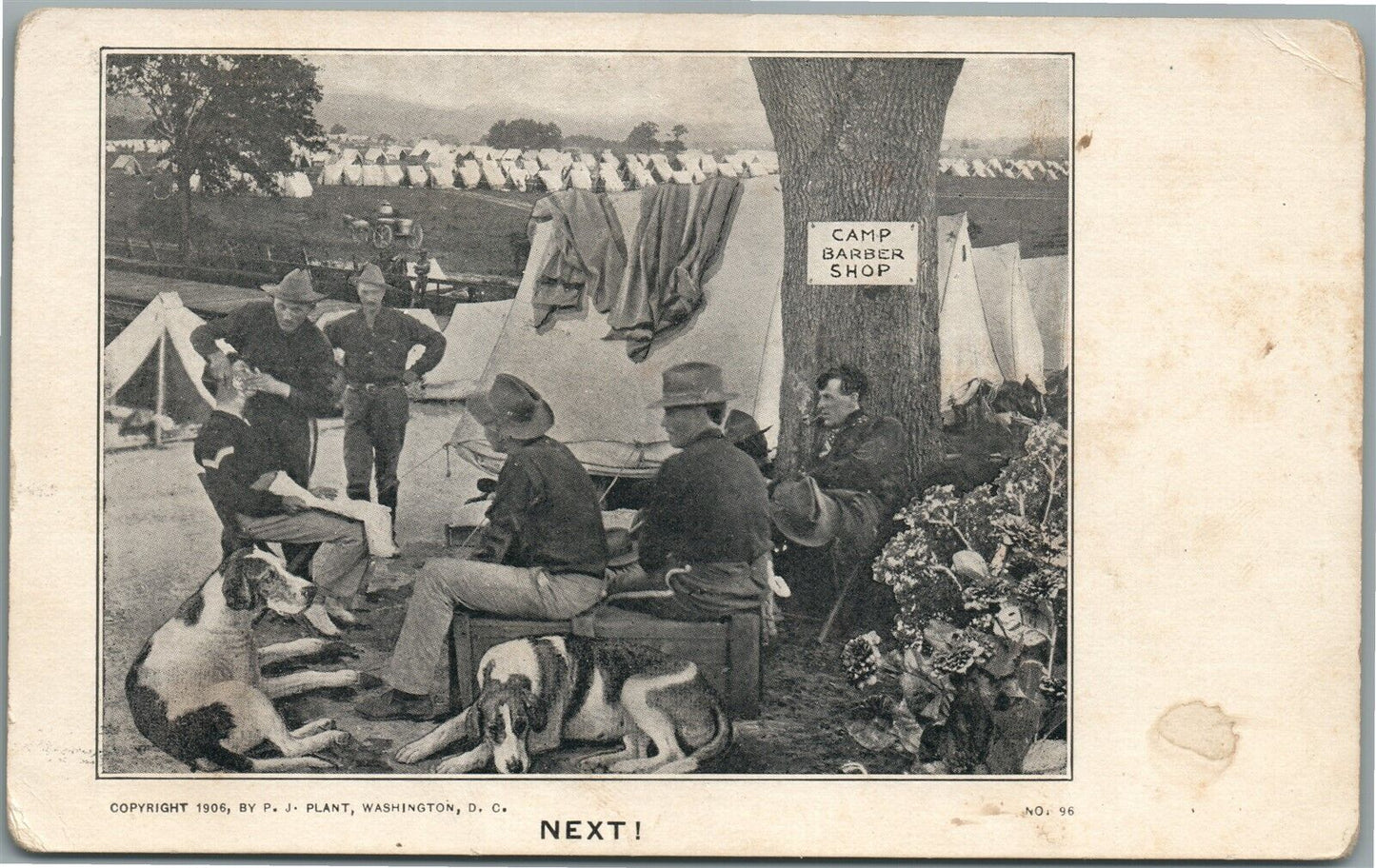 AMERICAN WWI ERA MILITARY CAMP BARBER SHOP ANTIQUE POSTCARD