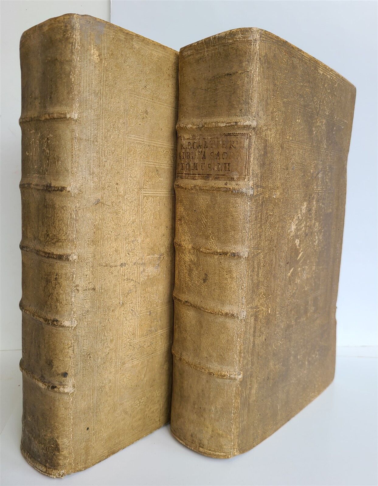 1770 BIBLE in GERMAN & LATIN ILLUSTRATED 2 FOLIO VOLUMES antique PIGSKIN BINDING