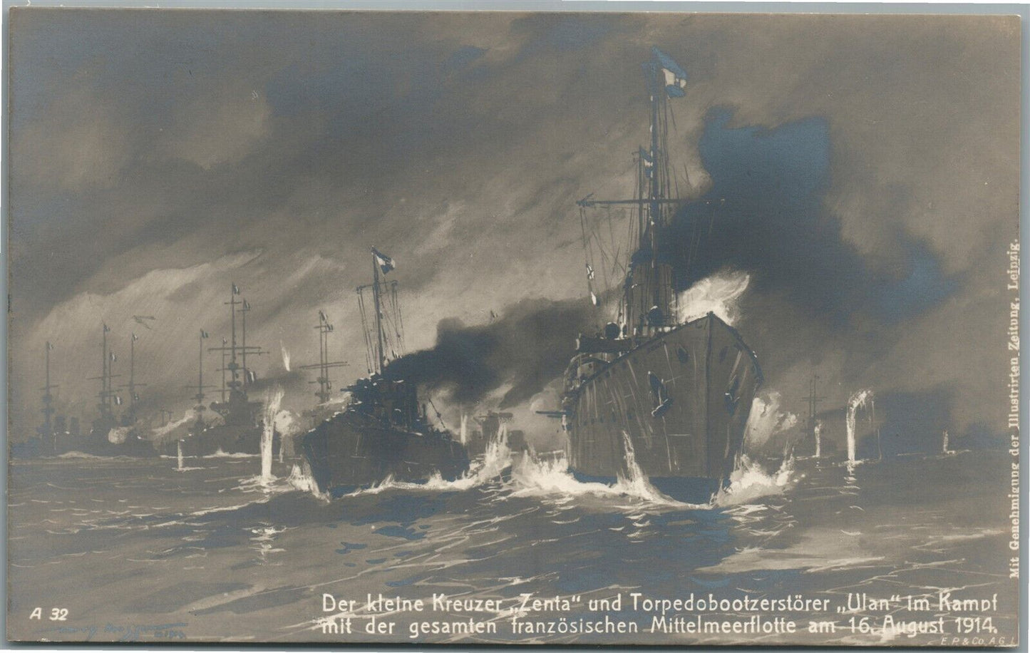 1914 NAVAL BATTLE WWI GERMAN ANTIQUE REAL PHOTO POSTCARD RPPC