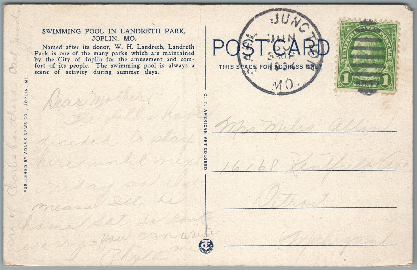 JOPLIN MO SWIMMING POOL IN LANDRETH PARK ANTIQUE POSTCARD