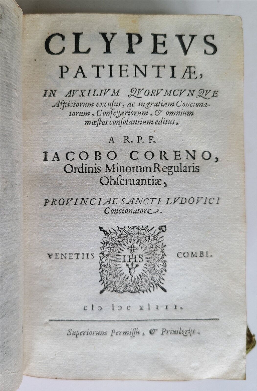 1643 Clypeus patientiae by JACOB COREN antique VELLUM BOUND in LATIN