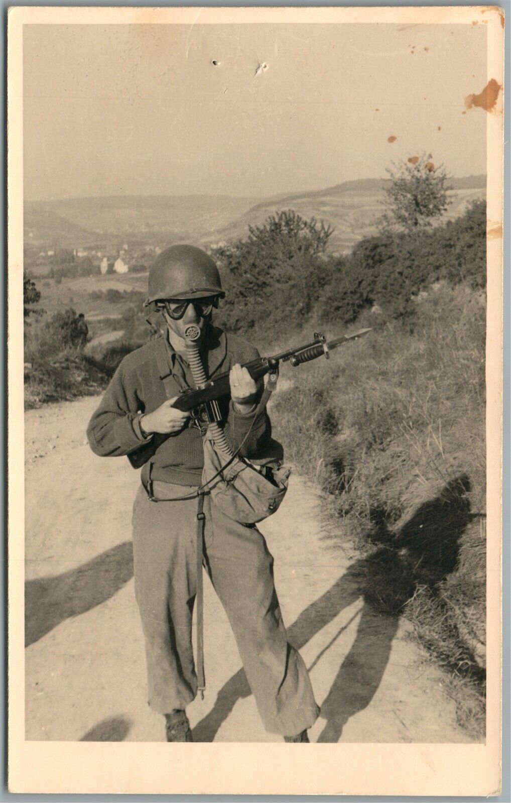 AMERICAN SOLDIER in GAS MASK WWII ERA VINTAGE REAL PHOTO POSTCARD RPPC