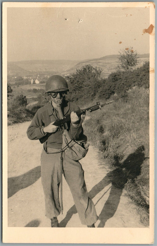 AMERICAN SOLDIER in GAS MASK WWII ERA VINTAGE REAL PHOTO POSTCARD RPPC