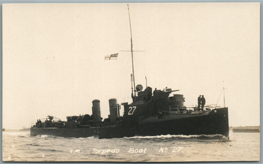 BRITISH MILITARY SHIP H.M. TORPEDO BOAT No. 27 ANTIQUE REAL PHOTO POSTCARD RPPC
