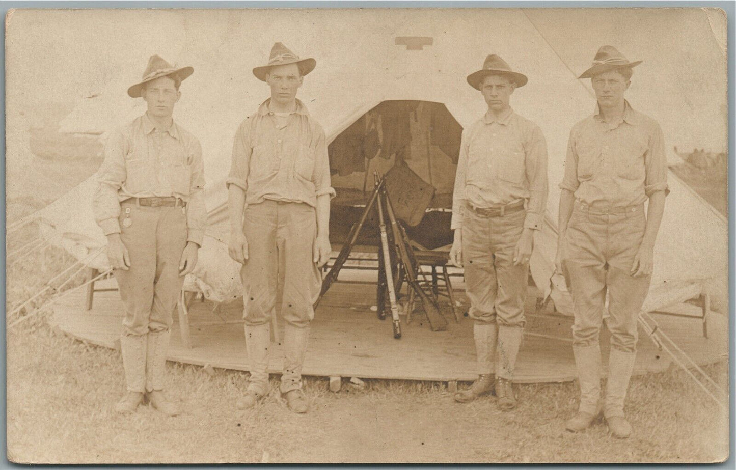 AMERICAN WWI SOLDIERS w/ RIFLES in CAMP ANTIQUE REAL PHOTO POSTCARD RPPC