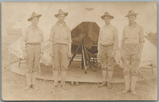 AMERICAN WWI SOLDIERS w/ RIFLES in CAMP ANTIQUE REAL PHOTO POSTCARD RPPC