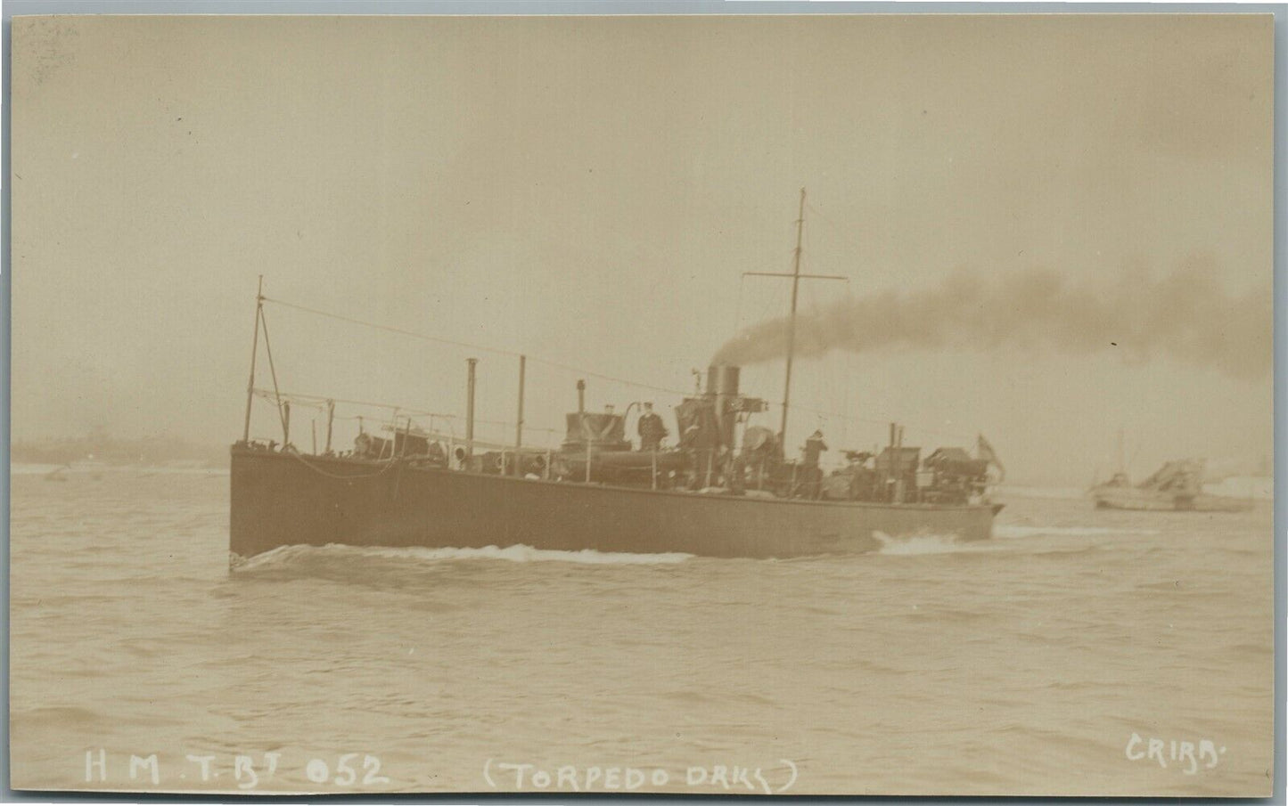 BRITISH MILITARY SHIP TORPEDO BOAT 052 ANTIQUE REAL PHOTO POSTCARD RPPC