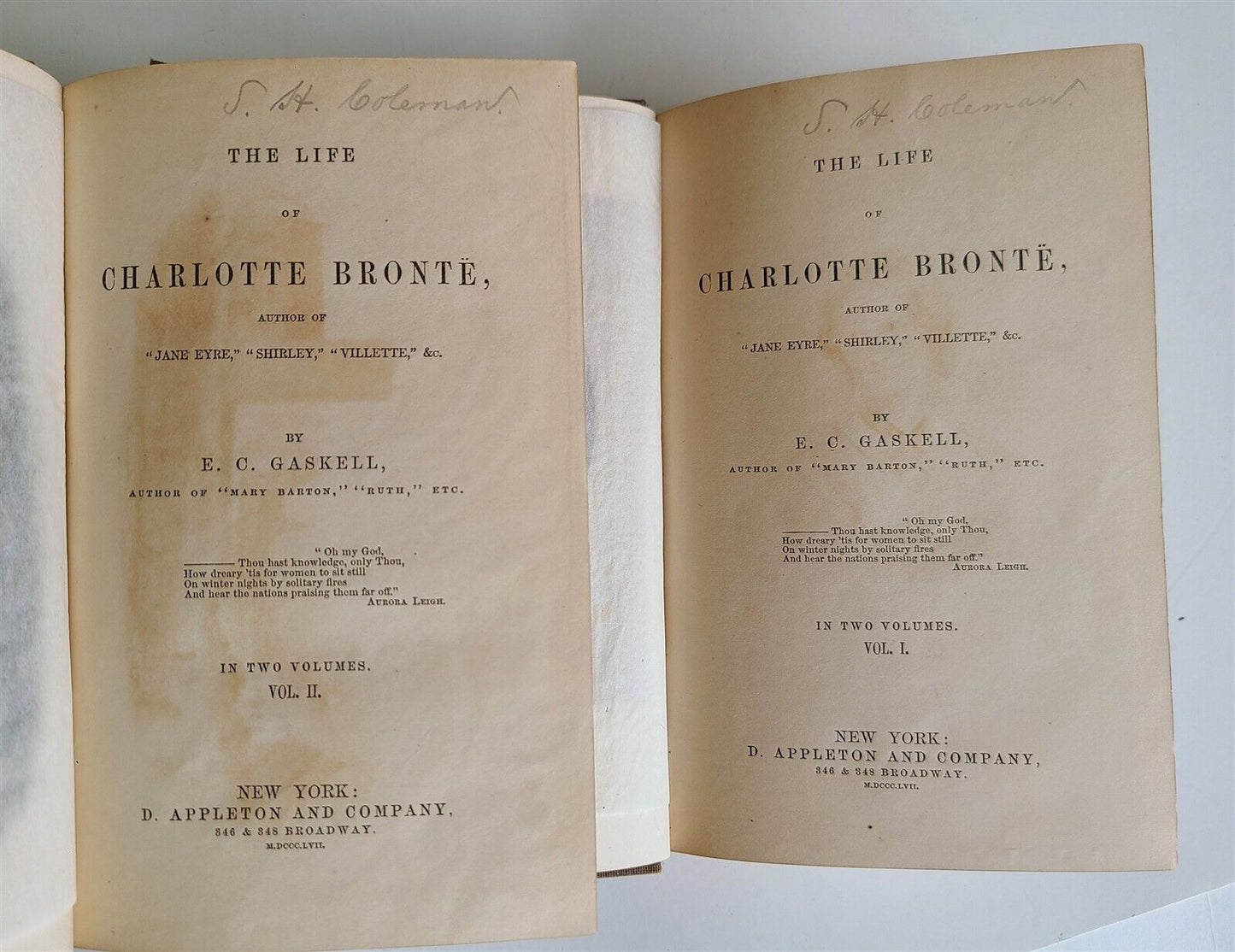 1857 THE LIFE OF CHARLOTTE BRONTE AUTHOR of JANE EYRE by CASKELL 2 VOLS antique