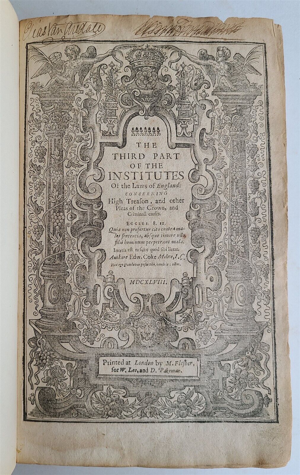 1648 THIRD & FOURTH PART of INSTITUTES of LAWS of ENGLAND antique in ENGLISH