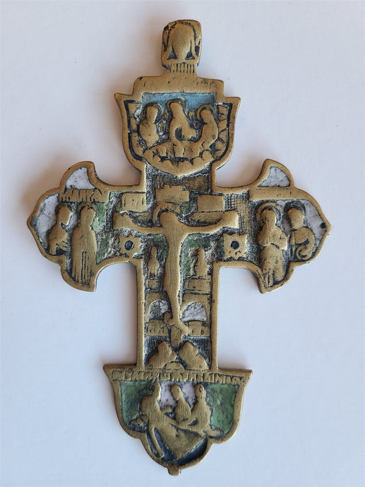 RUSSIAN ORTHODOX 18th century BRONZE ENAMEL ICON CROSS antique