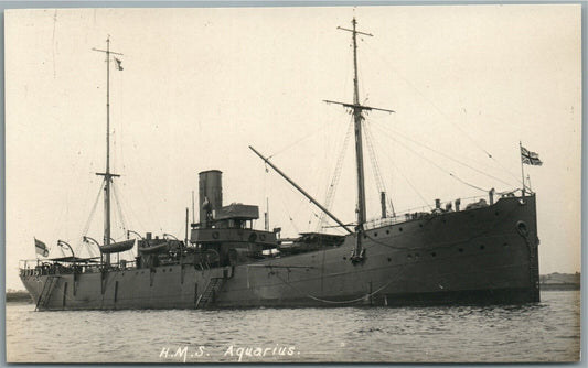 BRITISH MILITARY SHIP H.M.S. AQUARIUS ANTIQUE REAL PHOTO POSTCARD RPPC