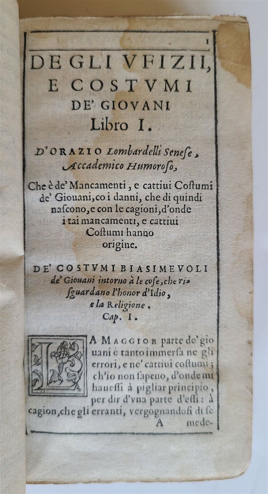 1579 De gli Ufizii e costumi de' giovani antique by Orazio Lombardelli 16th CENT