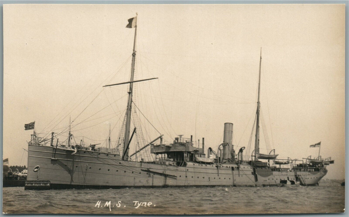 BRITISH MILITARY SHIP H.M.S. TYNE ANTIQUE REAL PHOTO POSTCARD RPPC