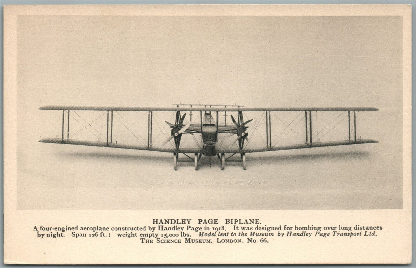 EARLY AVIATION HANDLEY PAGE BIPLANE ANTIQUE POSTCARD