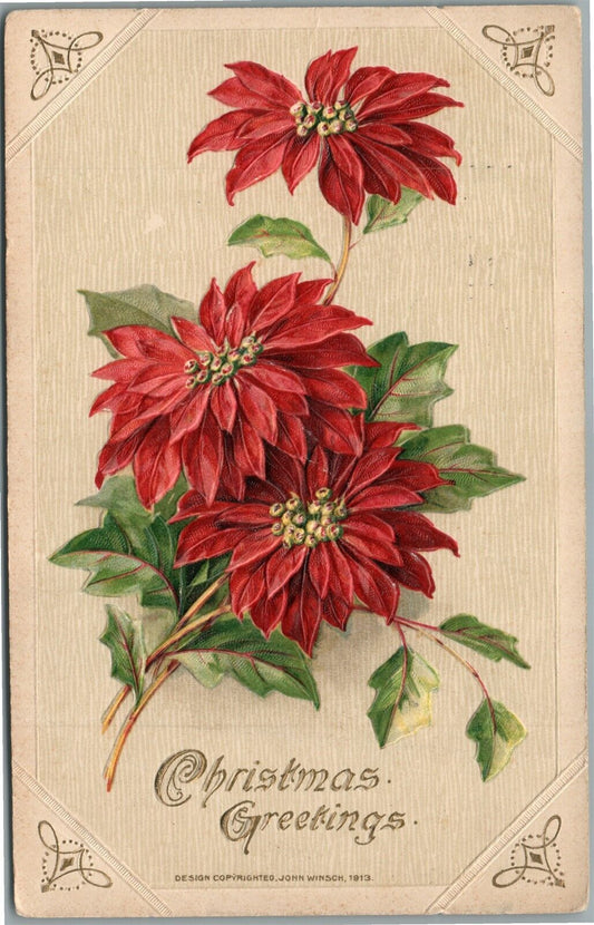 CHRISTMAS GREETINGS JOHN WINSCH 1913 EMBOSSED ANTIQUE POSTCARD