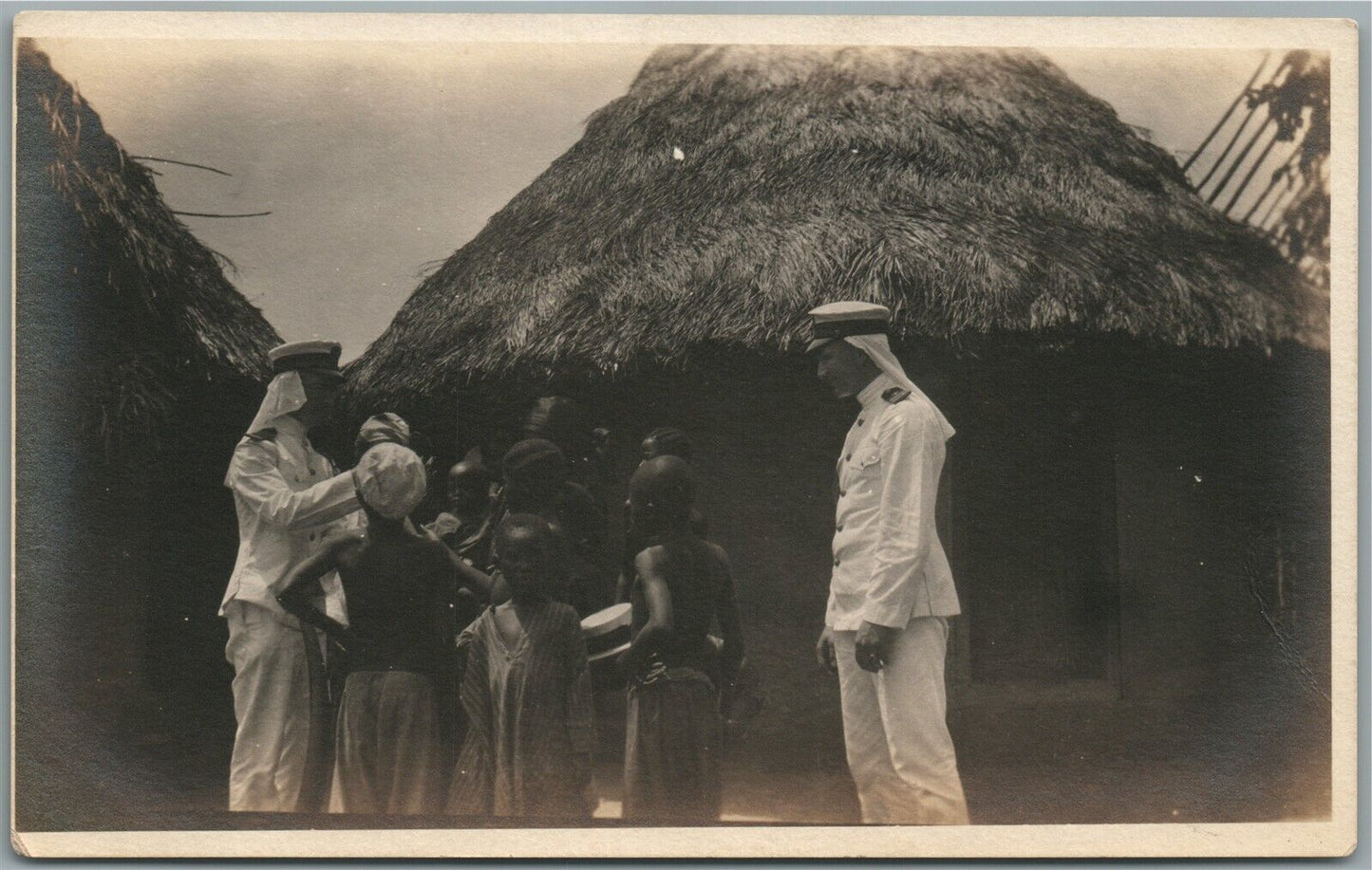 AMERICAN OFFICERS in LIBERIA village AFRICA ANTIQUE REAL PHOTO POSTCARD RPPC