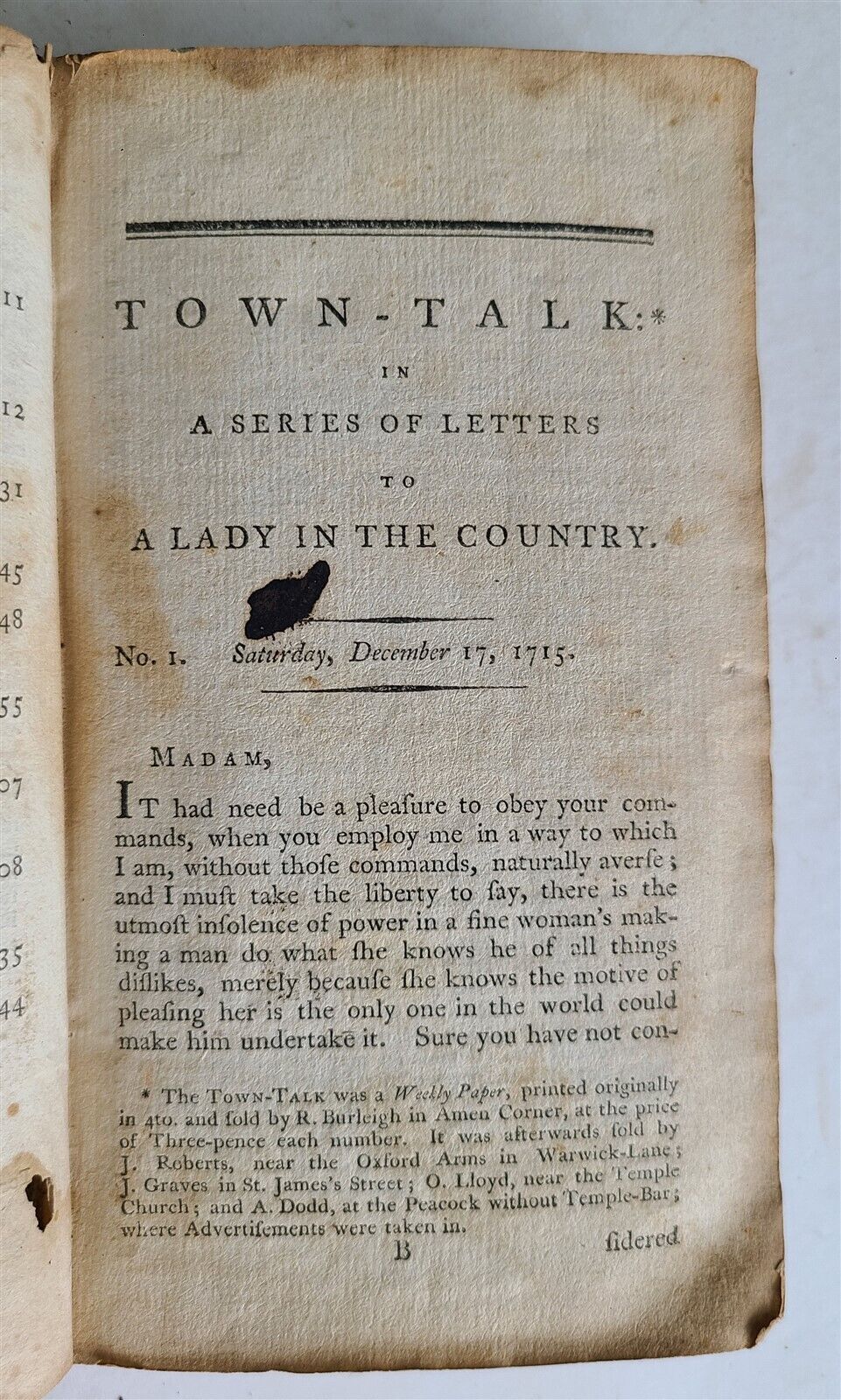 1790 THE TOWN TALK FISH POOL PLEBEIAN, or THE OLD WHIG THE SPINSTER antique