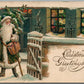 SANTA in GREEN ROBE CHRISTMAS GREETINGS EMBOSSED ANTIQUE POSTCARD