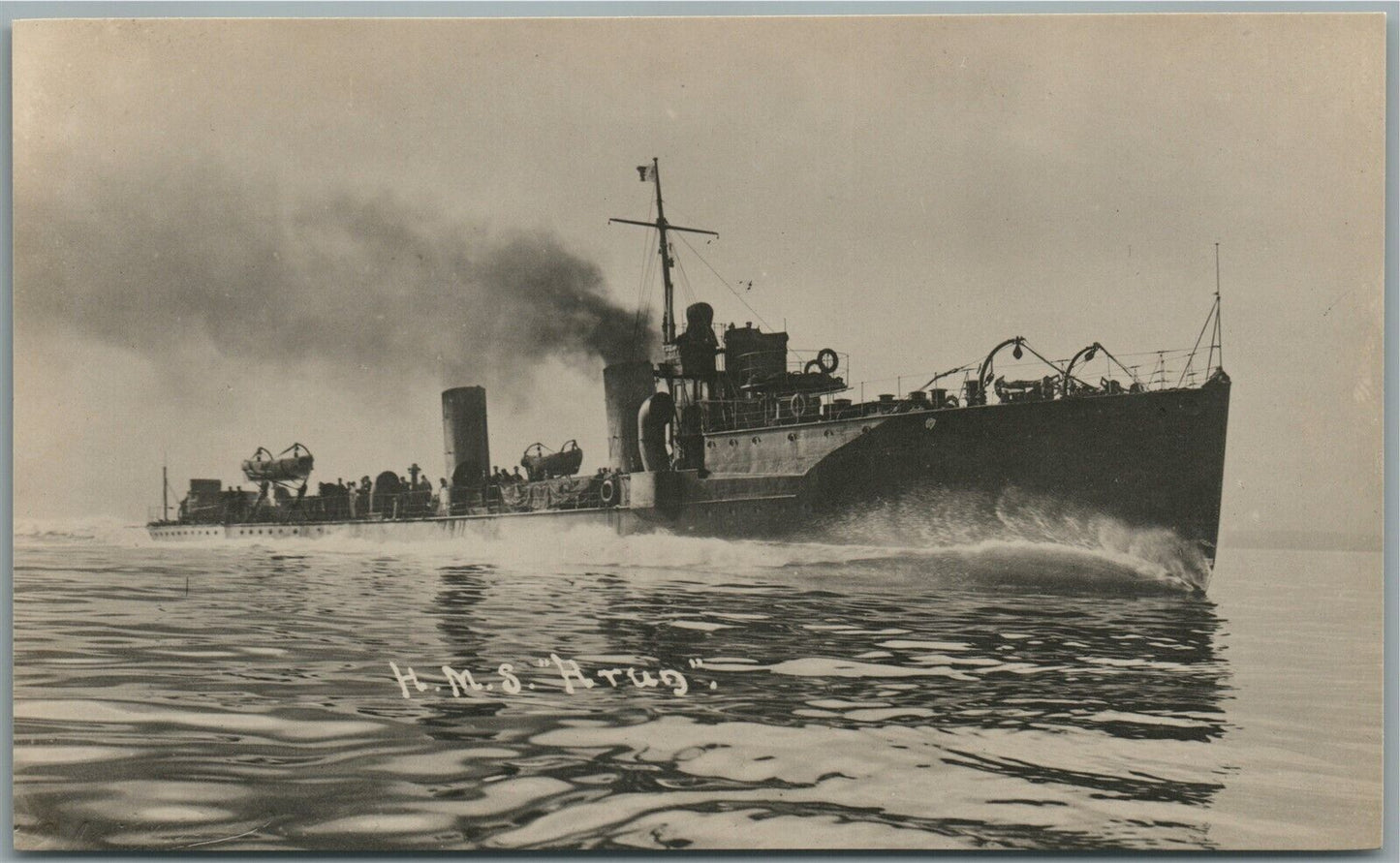 BRITISH MILITARY SHIP H.M.S. ATUG ANTIQUE REAL PHOTO POSTCARD RPPC