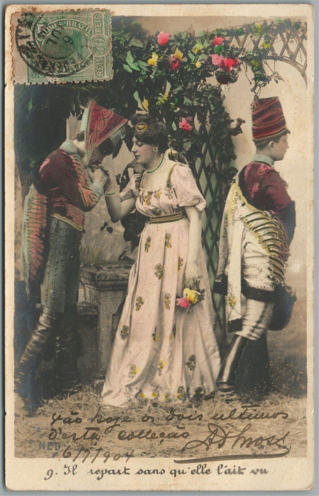 FRENCH 1904 MILITARY ROMANTIC ANTIQUE REAL PHOTO POSTCARD RPPC