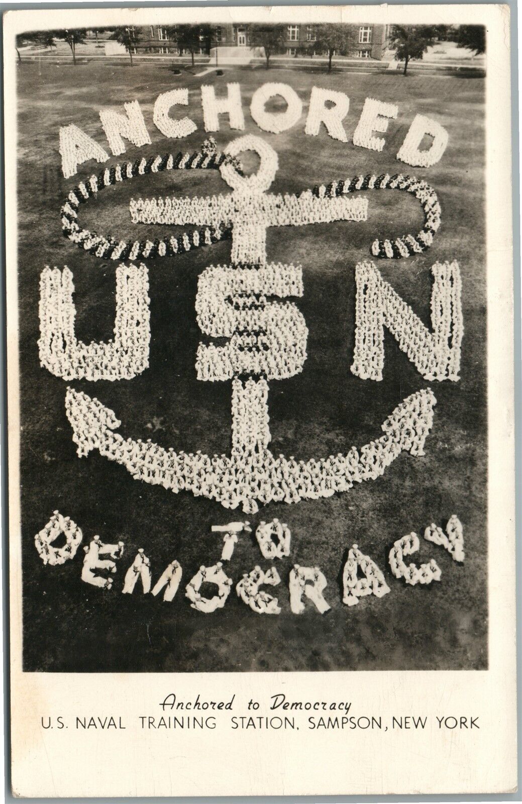 SAMPSON NY ANCHORED TO DEMOCRACY LIVING USN VINTAGE REAL PHOTO POSTCARD RPPC