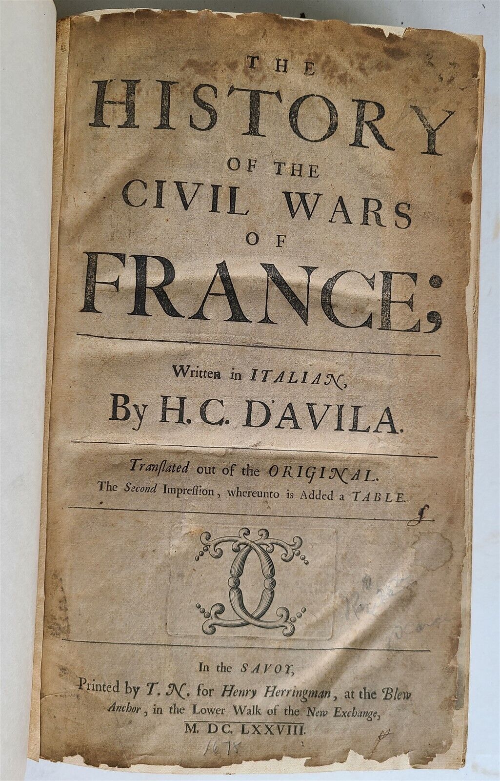 1678 HISTORY of CIVIL WARS of FRANCE by ENRICO DAVILA antique FOLIO in ENGLISH