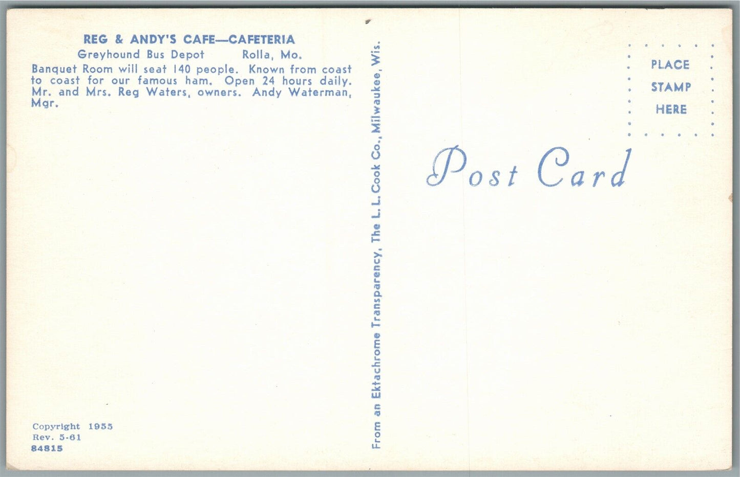 ROLLA MO BUS STATION REG & ANDY'S CAFE VINTAGE POSTCARD
