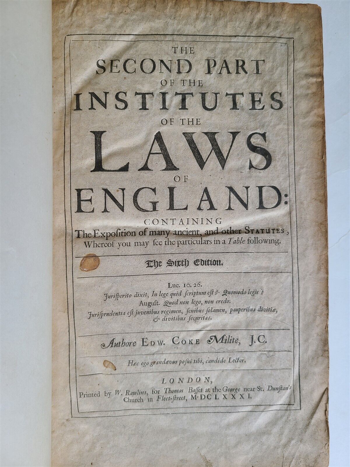 1681 SECOND PART of INSTITUTES of LAWS of ENGLAND antique in ENGLISH