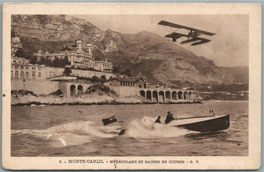 MONTE CARLO EARLY AVIATION HYDROPLANE ET RACES EN COURSE ANTIQUE POSTCARD