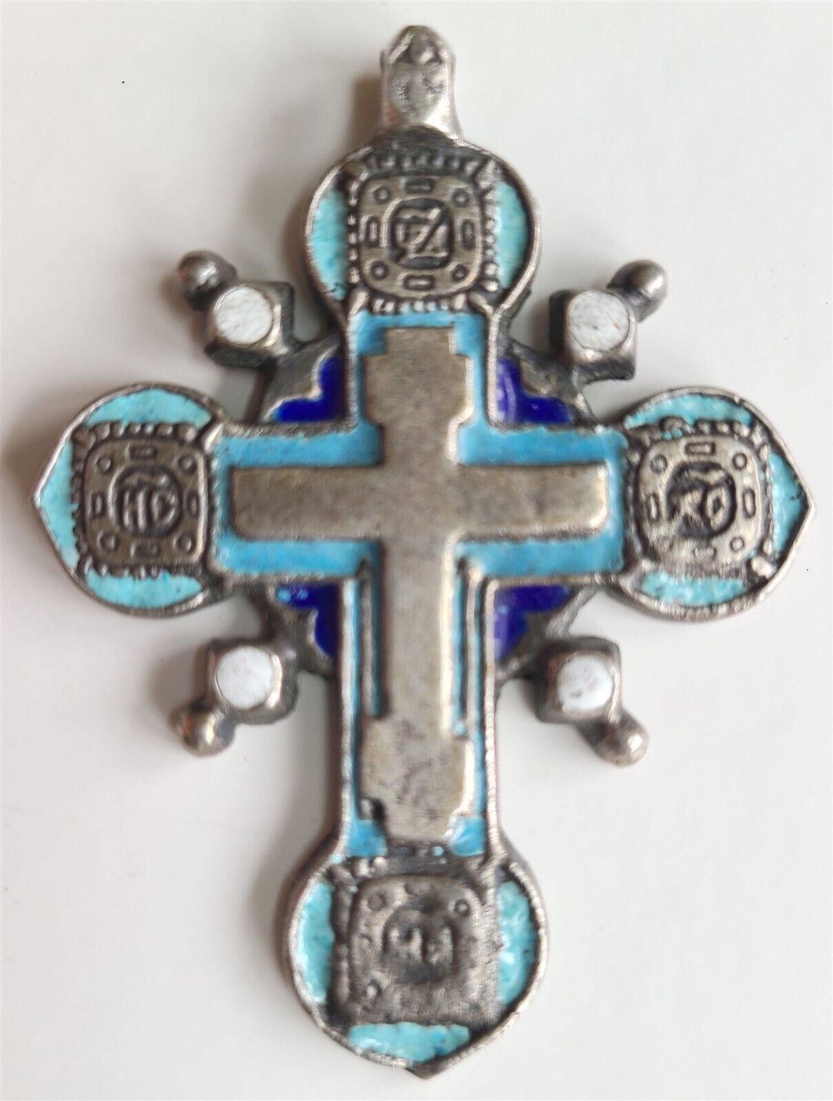 18th CENTURY RUSSIAN ANTIQUE ORTHODOX SILVER ENAMEL NECK ICON CROSS PENDANT