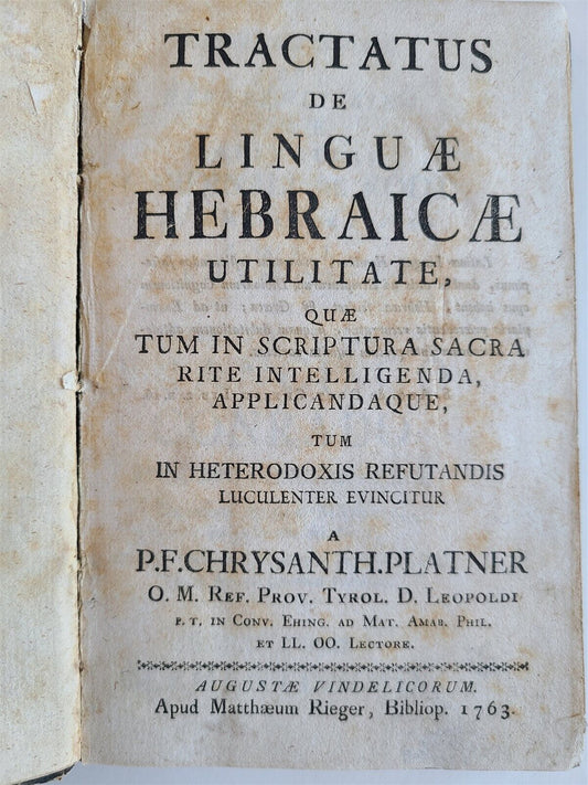 1763 HEBREW LANGUAGE TREATISE in LATIN antique by R.F.C. PLATNER JUDAICA