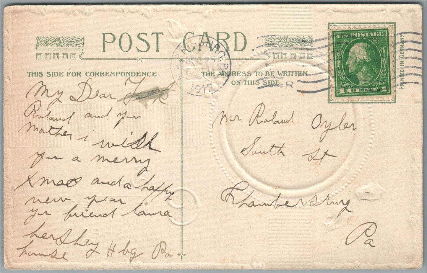 BEST CHRISTMAS GREETINGS JOHN WINSCH 1912 ANTIQUE POSTCARD