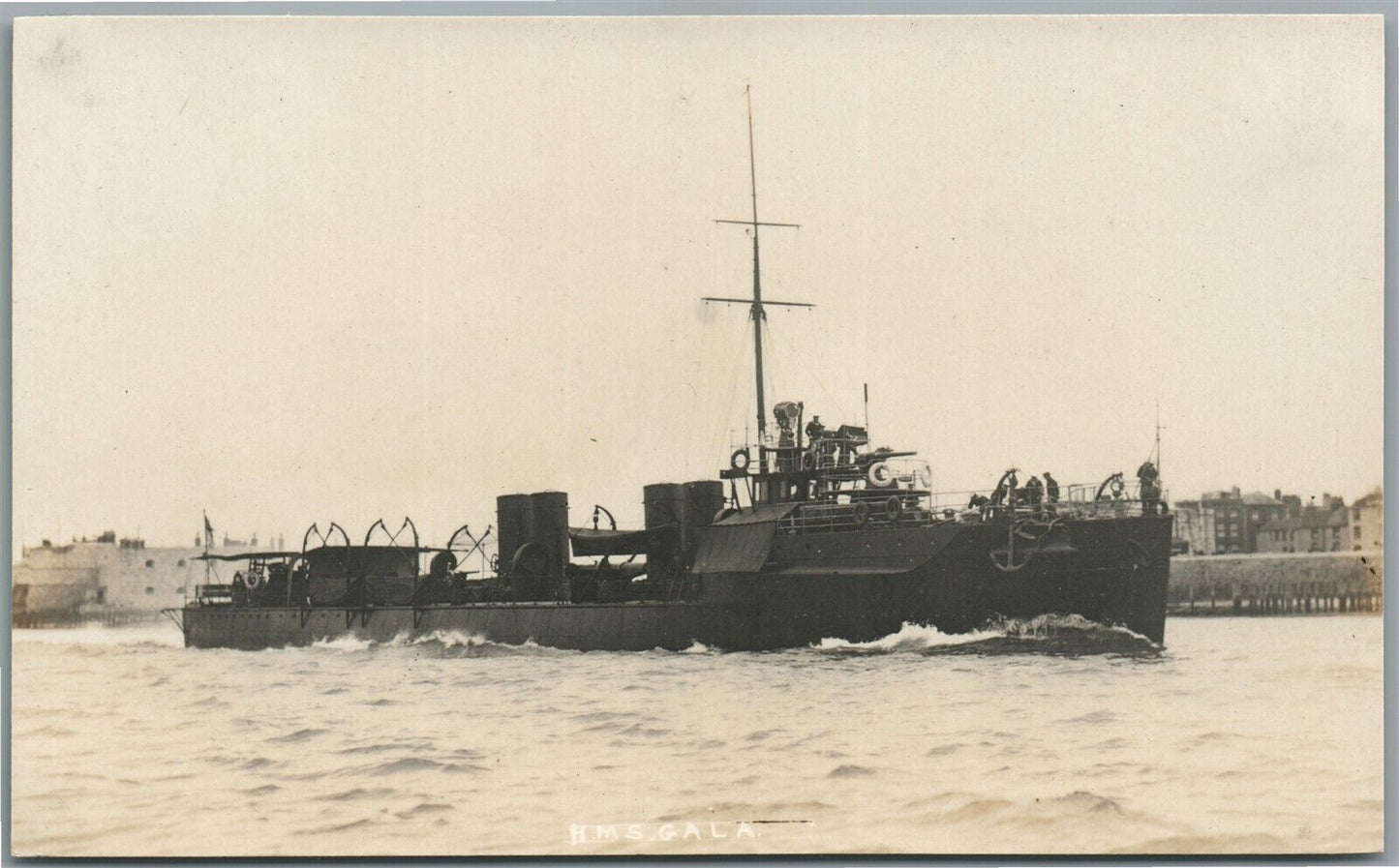 BRITISH MILITARY SHIP H.M.S. GALA ANTIQUE REAL PHOTO POSTCARD RPPC